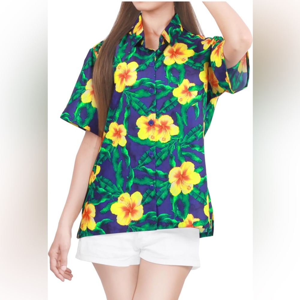 HAPPY BAY Women's Short Sleeve Hawaiian Blouse Shirt, size Medium.